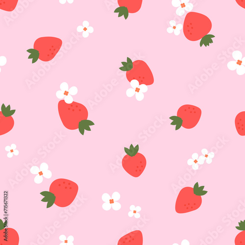 Seamless pattern with strawberry and cute flower on pink background vector illustration. Cute fruit print.