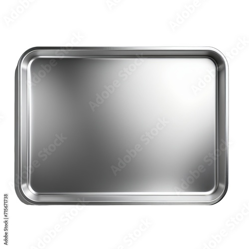 High-Resolution Image of a Clean, Shiny, Rectangular Silver Metal Tray Isolated on White Background