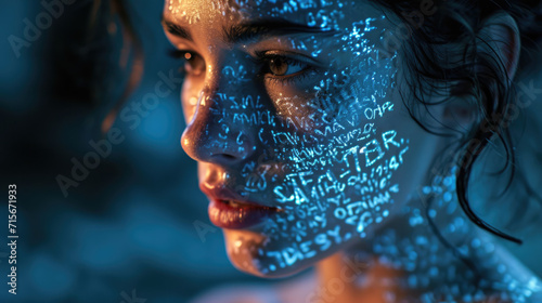 Close-up portrait of a beautiful girl with brown eyes on a dark blue blurred background with neon letters on the skin.
