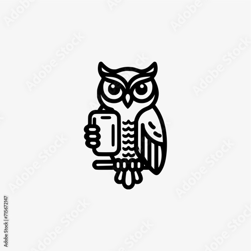 owl and Smart phone logo design template in linear style. Vector illustration on white background