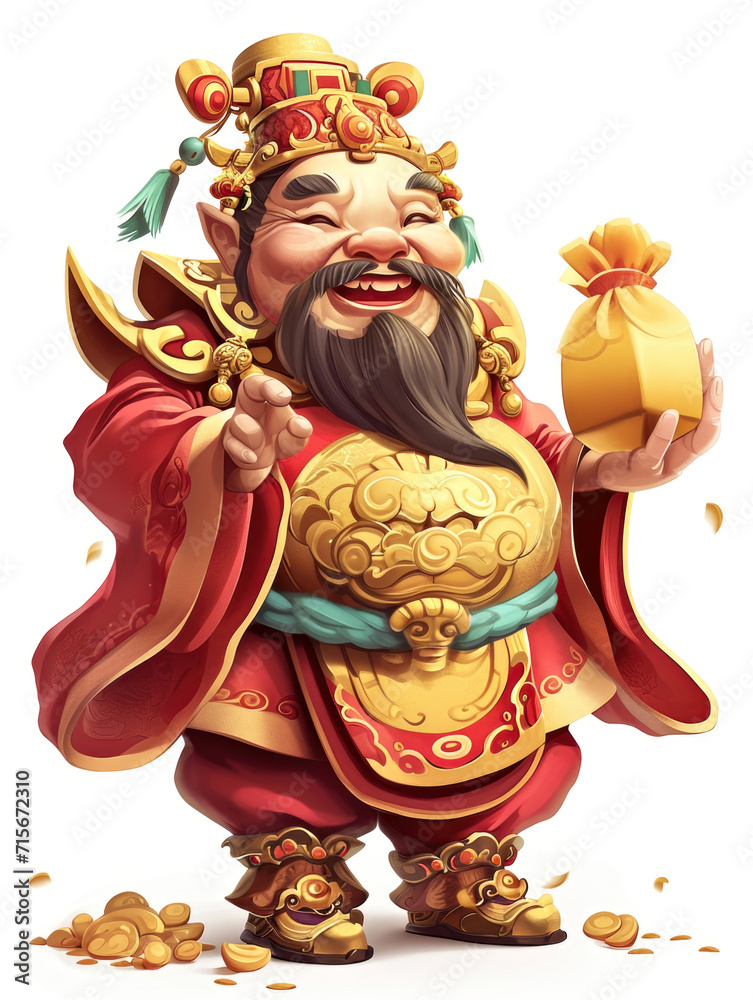 A charming depiction of the Chinese God of Wealth. With a minimalist touch, the deity holds a large shiny gold ingot, smiling with a sense of prosperity.