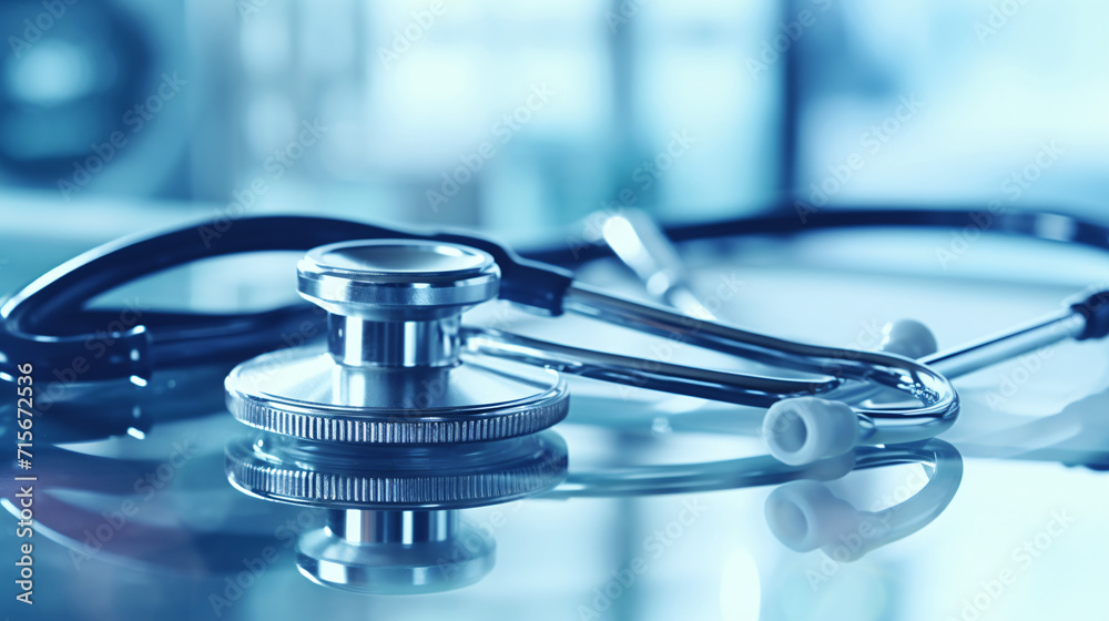 Stethoscope on the table, close-up. Blue toned Stethoscope on the table, close-up. Blue toned