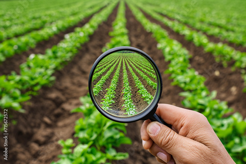 Precision Agriculture: Hand Holding Magnifying Glass Examining Lush Green Plants in Neat Rows