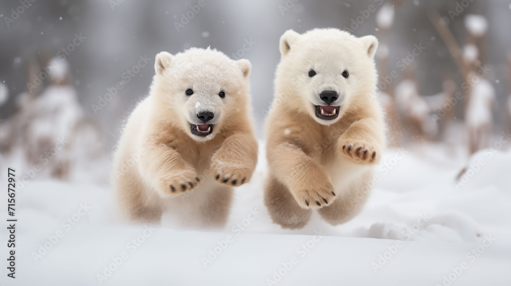 Two polar bear cubs playing in a snowy field Two polar bear cubs playing in a snowy field