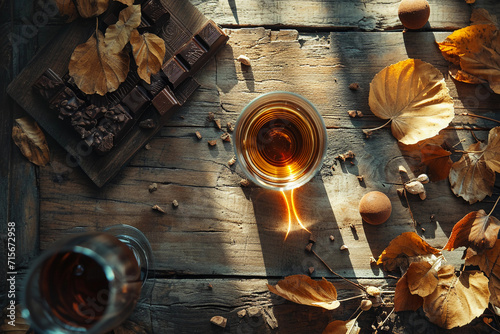 Glass of whisky pairing with Chocolate on the wooden Table with Autumn Leaves photo