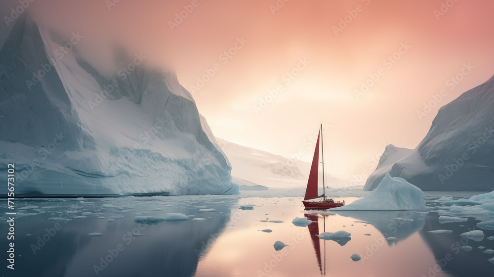 Red sailboat playing on a glacier