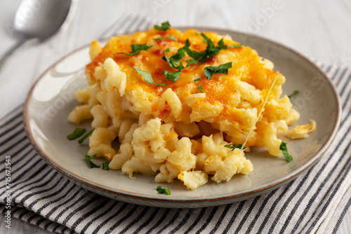 Homemade Baked Mac and Cheese on a Plate, side view.