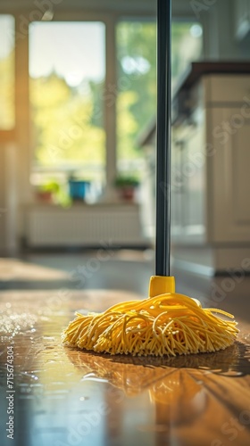 A yellow mop on the floor in a room.
