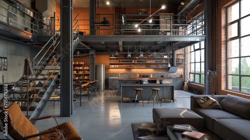 Interior Design Mockup: An industrial loft featuring exposed brick walls, concrete flooring, raw metal shelving, and Edison bulb lighting