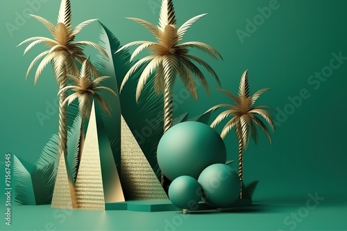 Elegant tropical setup with golden spheres and green foliage against a green backdrop with a circular frame.