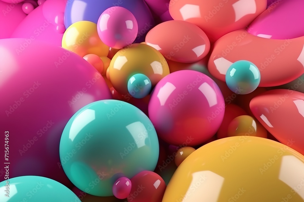 Colorful 3D rendered bubbles with a glossy finish and water droplets on a vibrant background.