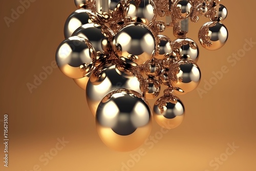 Abstract 3D render of metallic spheres connected by rods on a warm gradient background.