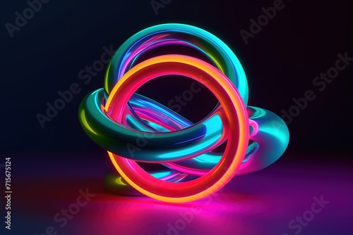Abstract colorful neon light rings intertwined on a dark background.