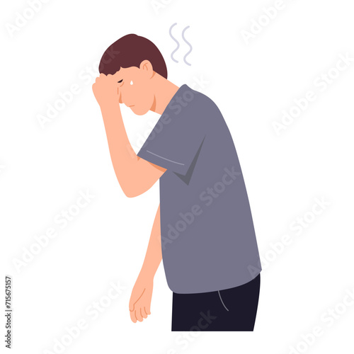 Man is tired and unhappy. Employees are bored, lifeless, tired and working hard. Adults are weak and discouraged by disappointment. Vector on isolated white background.