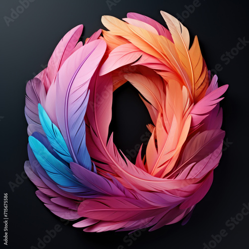 The letter O is made up of colored feathers.
