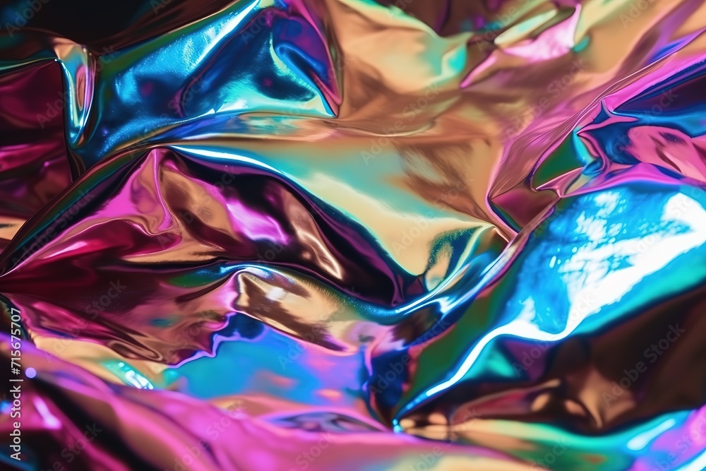 Colorful iridescent foil texture with crinkles, abstract background. - obrazy, fototapety, plakaty 