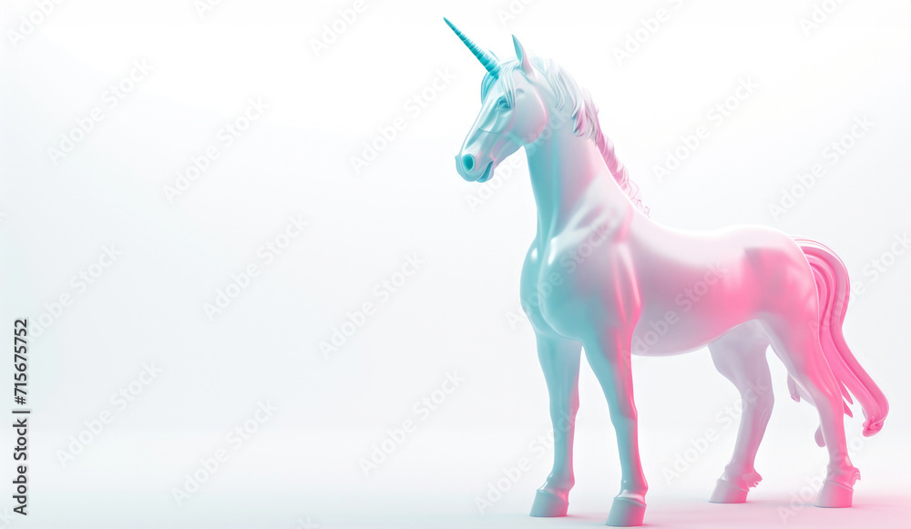 A pink and blue unicorn standing on a white surface. Copy-space, place for text A pink and blue unicorn standing on a white surface. Copy-space, place for text