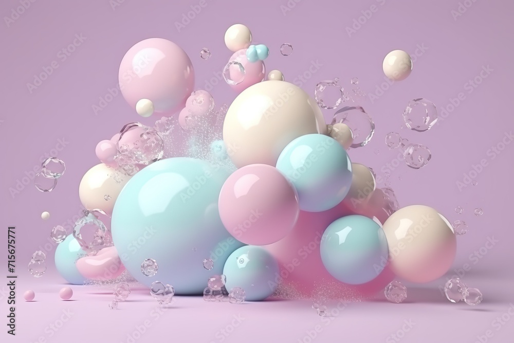 Pastel colored balloons and spheres on a pink background, suitable for celebrations or party-themed designs.