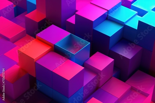 Abstract colorful cubes background with a neon glow, 3D rendering.