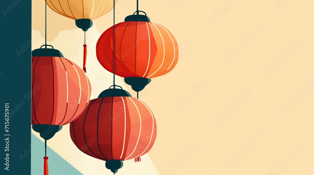 Chinese new year lanterns. traditional oriental style illustration with large copy space. New Year's Atmosphere. Asian Traditional holiday concept.