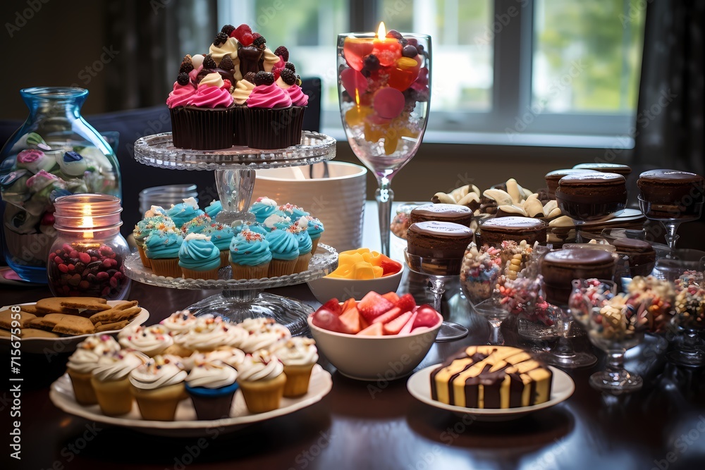 A table set with a delicious spread of birthday treats, from cupcakes to cookies, tempting everyone's taste buds.