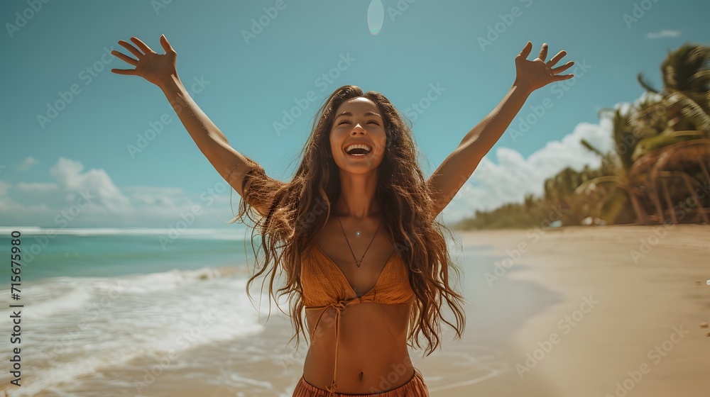 Naklejka premium woman in bikini on beach, a woman with long hair standing on a beach with her arms in the air and smiling at the camera