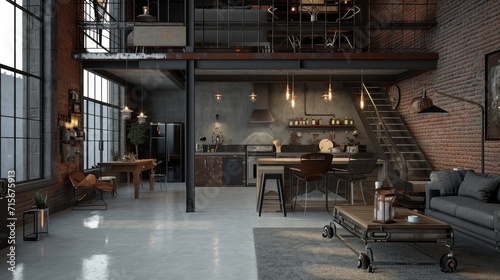 Interior Design Mockup: An industrial loft featuring exposed brick walls, concrete flooring, raw metal shelving, and Edison bulb lighting