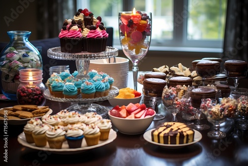 A table set with a delicious spread of birthday treats, from cupcakes to cookies, tempting everyone's taste buds.