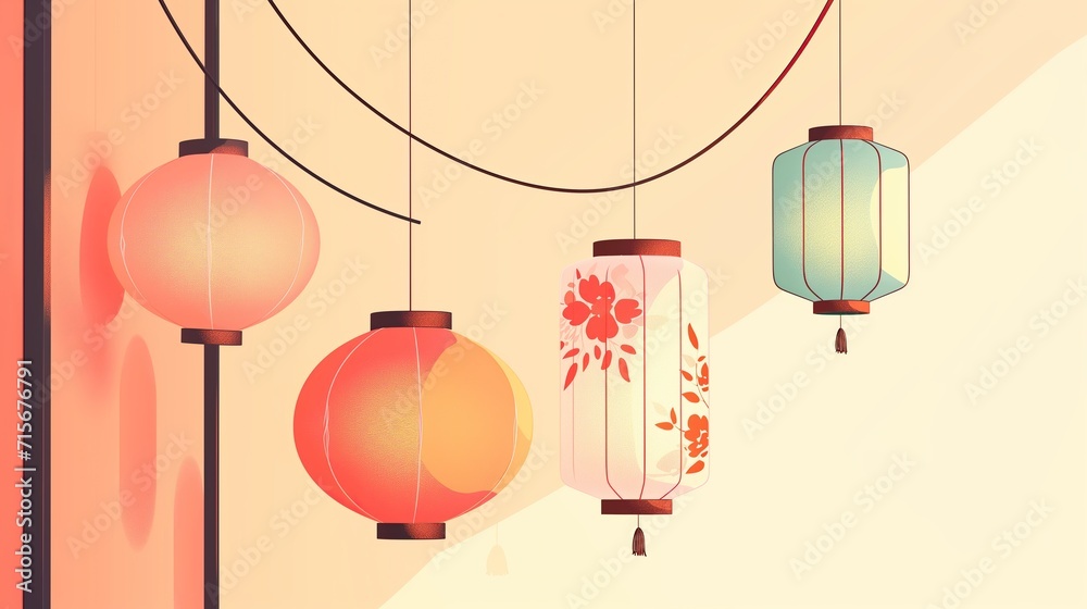 Obraz premium Chinese new year lanterns. traditional oriental style illustration with large copy space. New Year's Atmosphere. Asian Traditional holiday concept.