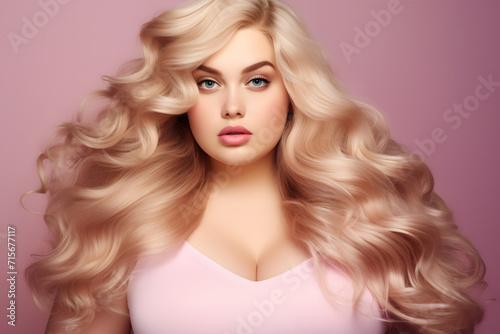 Plus size woman with glamourous makeup with pink lipstick and long blond hair in front of pink background.
