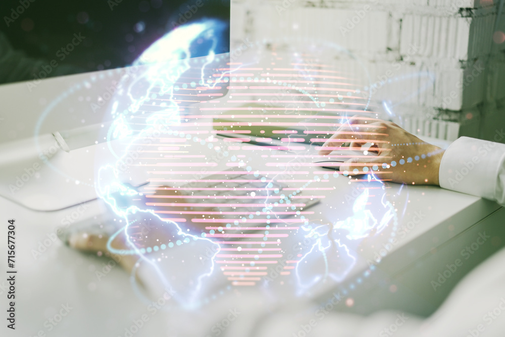 custom made wallpaper toronto digitalDouble exposure of abstract digital world map with connections and hand typing on computer keyboard on background, big data and blockchain concept
