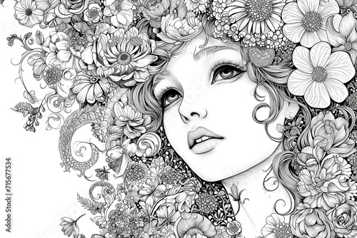 Portrait beautiful girl with flower. Sketch for coloring book