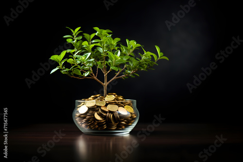 Bonsai tree growing in glass bank full coins on black background. Saving and investing money concept