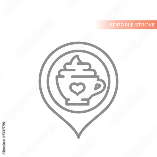 Cafe location map pin icon. Coffee mocha cup outline vector.