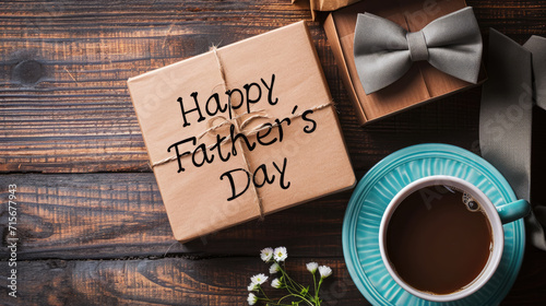 Happy Father's Day inscription on a card on the table, gift, coffee, bow tie, lettering, holiday, congratulation, box, top view, layout, cup, dad, father photo