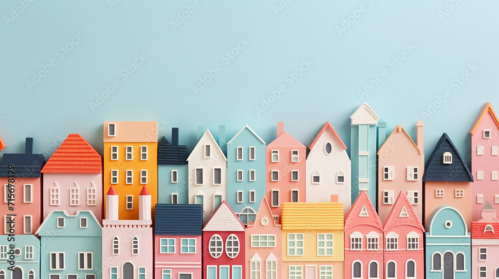 A lot of Background Copy space,  A quaint seaside town with colorful houses made in paper cut craft