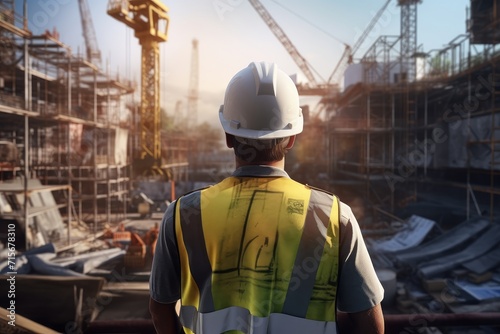 A civil engineer or an architect in a hard hat on a construction site checks the construction of a multi-storey building. View from the back