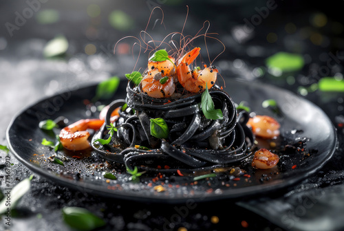 Closeup black fettuccine with shrimp and basil on a black plate, isolated on a black background