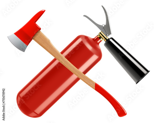 Crossed firefighter axe and fire extinguisher isolated on white background. Realistic 3d vector illustration