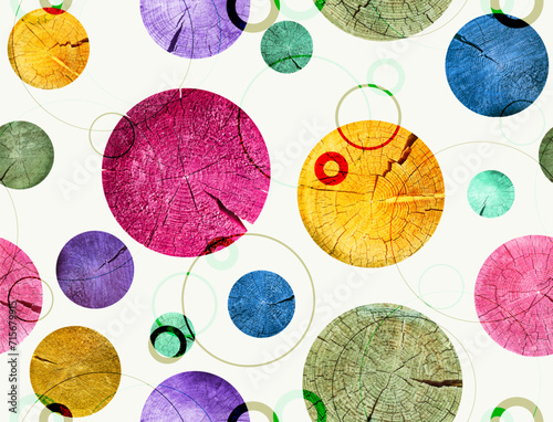 Seamless pattern colored round tree trunk cuts, sawn pine or oak slices, lumber. Saw cut timber, wood. Wooden with tree rings. Sketch sawn wood texture. Seamless pattern Vector Distressed texture.