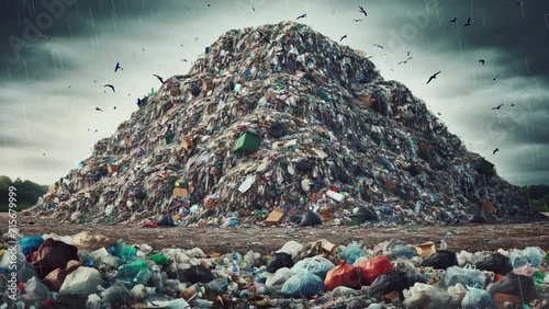 A huge mountain of garbage with flying birds and rain. Environmental pollution, climate change.