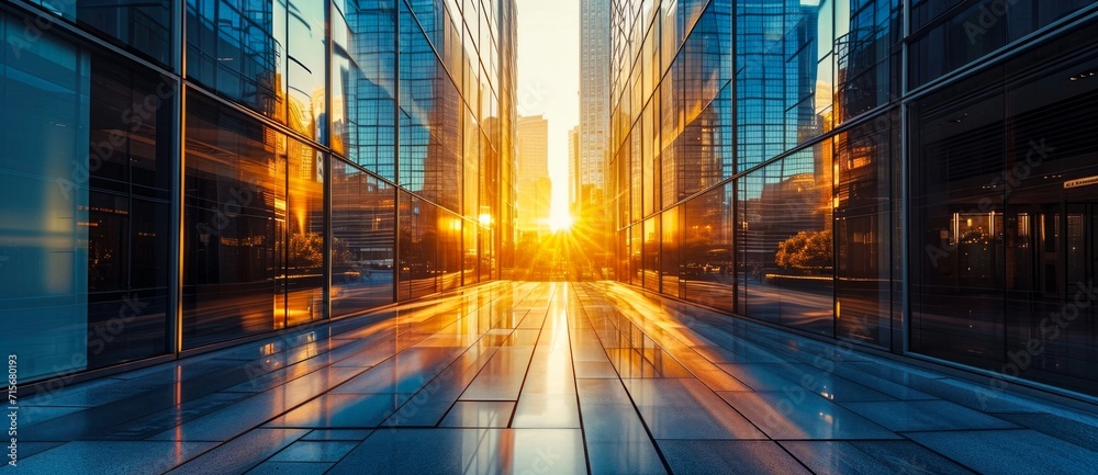 The fiery sun casts its amber glow upon the towering skyscraper, its reflection shining through the glass walkway, a symbol of modern architecture amidst the bustling city streets