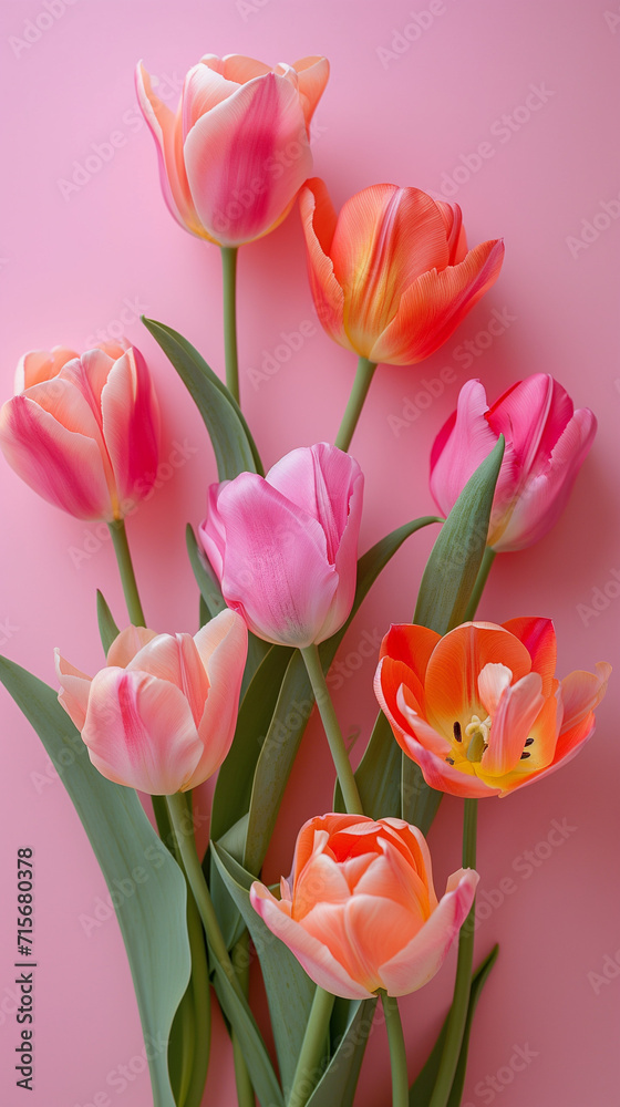 Eco friendly orange and pink tulips on a pastel pink background. Perfect for Valentine's Day, Mother's Day, or a flower shop banner. Green ethical growing. Copy space available. Eco friendly orange and pink tulips on a pastel pink background. Perfect for Valentine's Day, Mother's Day, or a flower shop banner. Green ethical growing. Copy space available.