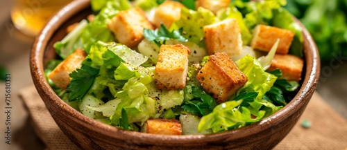 Fresh and healthy, a vibrant bowl of salad filled with crunchy croutons and leafy lettuce sits on a wooden table, inviting you to indulge in the satisfying flavors of vegetarian cuisine