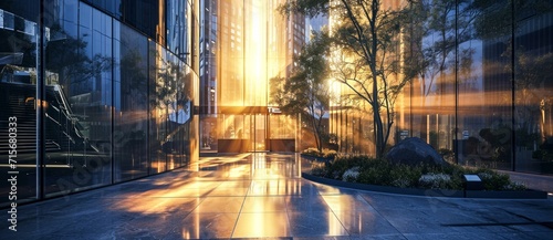 A vibrant cityscape comes to life as the setting sun casts a warm glow through towering windows, illuminating the leafy branches of a nearby tree and reflecting off the sleek architecture of the buil