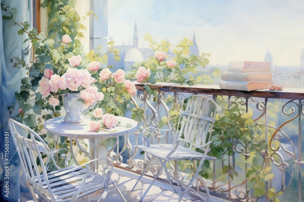 Watercolor painting with a balcony full of climbing roses and a reading table in the full sunlight of spring