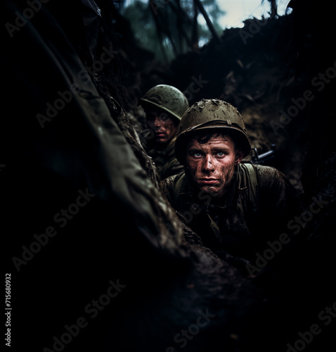 Closeup of young solider in muddy trench on the battlefield © Jason