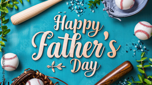 Happy Father's Day inscription on a colored background framed by items for baseball, bat, glove, ball, postcard, sport, holiday, congratulation, family, hobby, dad photo