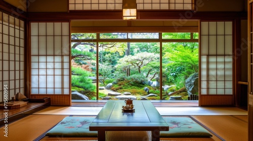Interior Design Mockup: A Japanese-style tea room with tatami mats, sliding shoji screens, a low wooden table, and a tranquil Zen garden view photo