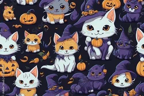 Seamless halloween pattern of adorable cats and festive elements, created with Generative AI